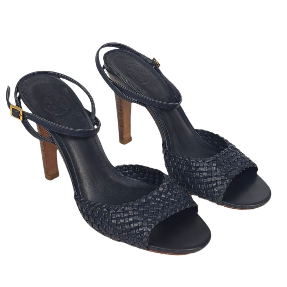 TORY BURCH WOVEN LEATHER 4" HIGH‑HEEL STRAPPY SANDALS – NAVY – WOMEN’S 7.5 M